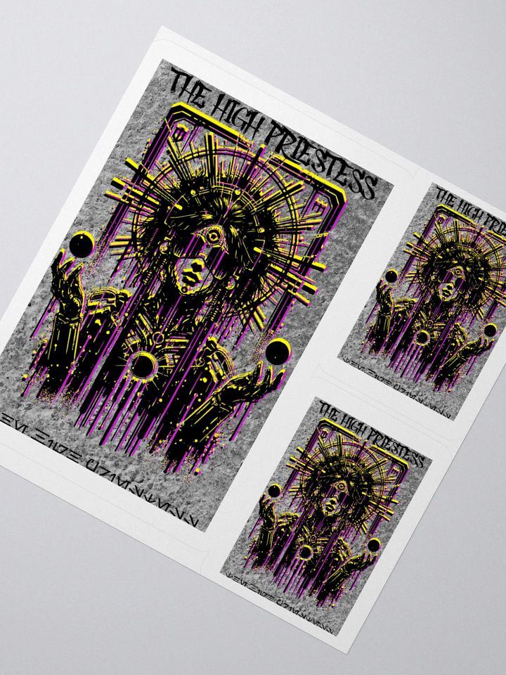 Cyberpunk Tarot Sticker – "The High Priestess" Card with Crystalline Headdress & Floating Orbs – Graffiti Stencil Futuristic Vinyl Decal product image (5)