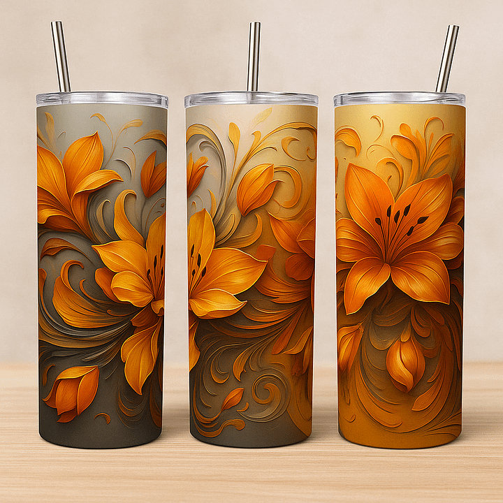 Golden Orange Floral Tumbler Wrap PNG for 20oz Skinny | 9.3x8.2 Fall Sublimation | Instant Download | Autumn Gift Idea product image (2)