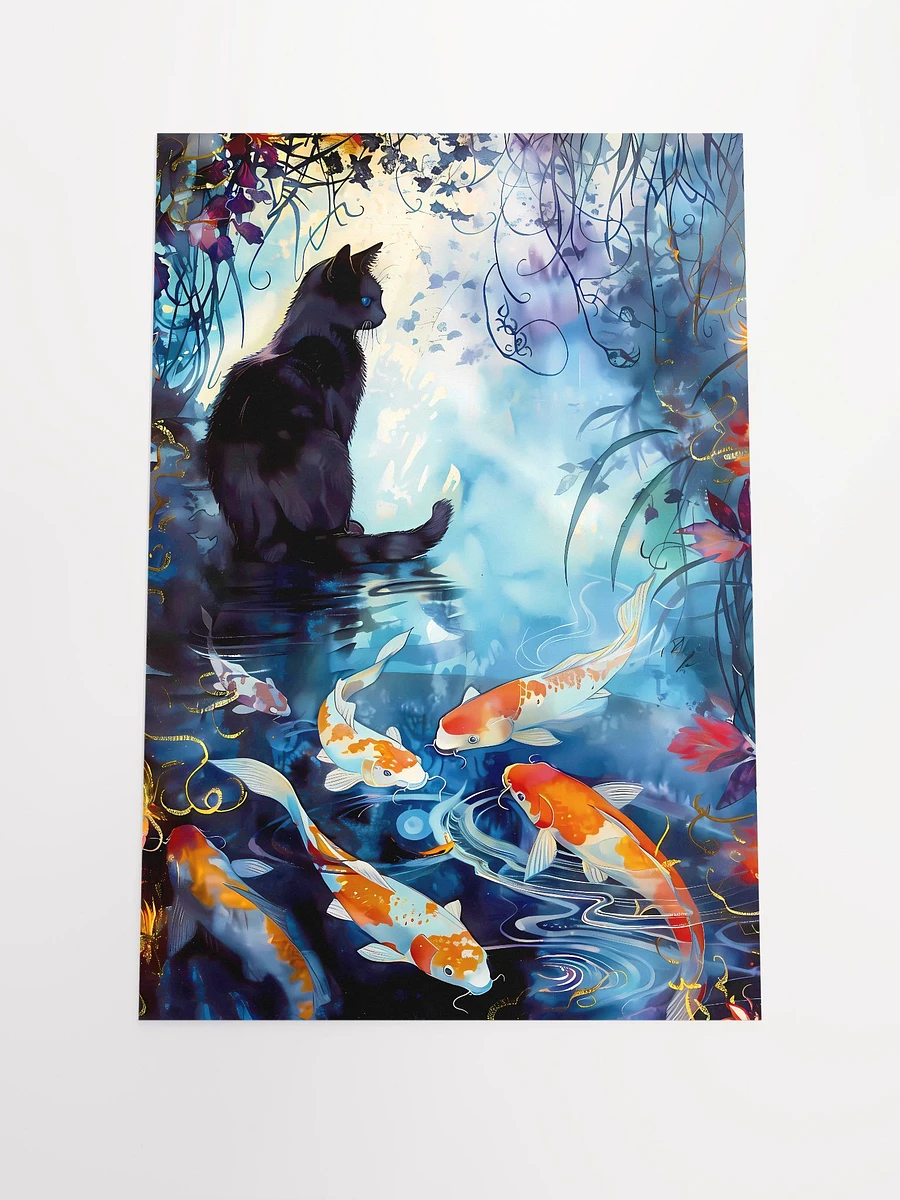 Tranquil Whiskers and Koi Dance: A Black Cat's Waterside Reverie Matte Poster product image (3)