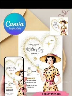 Happy Mother’s Day editable brunch invitation featuring an Asian lady giving a toast to celebrate Mother’s Day. #happymothersday #mothersdayweekend #fypage #iloveyoumum #vintagefashion #vintagevibes #canvadesign #canvainvitations 