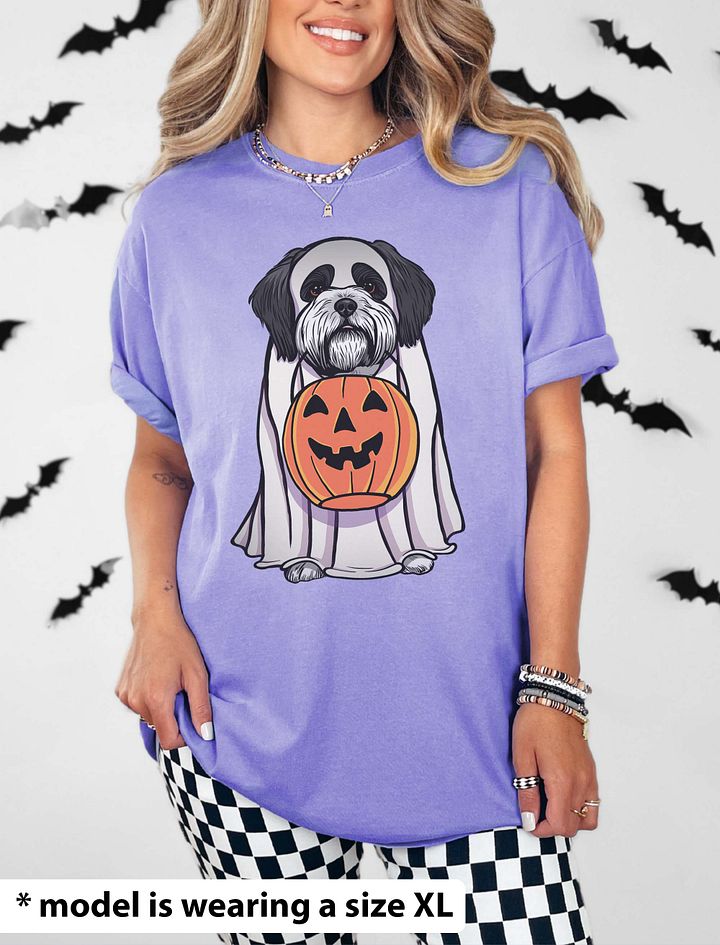 Funny Halloween Shih Tzu(Black & White) T-Shirt | Funny Dog Wearing a Ghost Costume and Holding a Pumpkin Basket product image (20)