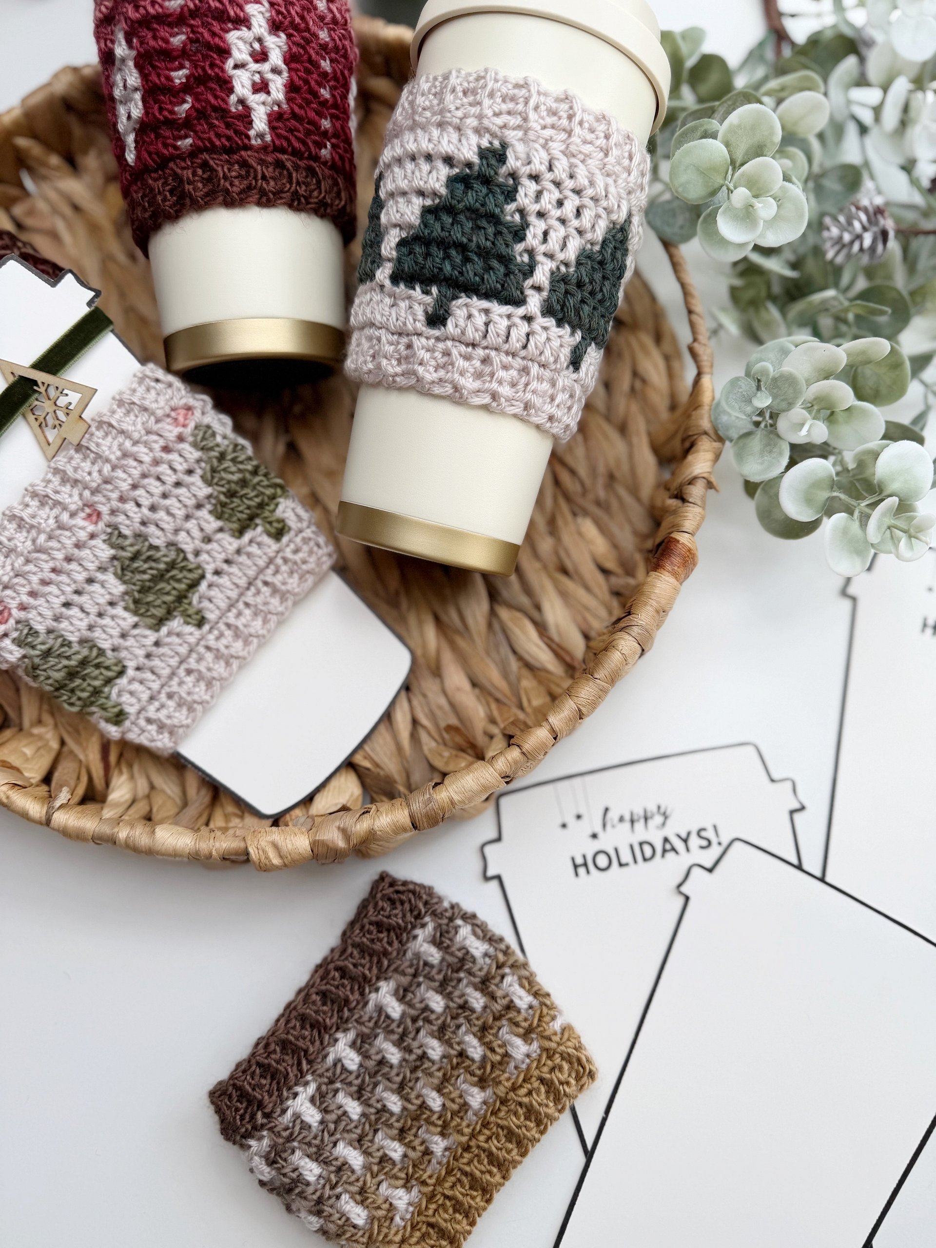 CROCHET PATTERN + VIDEO Holiday Coffee Cup Sleeve - 4 designs, Winter Mug Cozy Pdf, Christmas Trees & Festive printable product image (7)