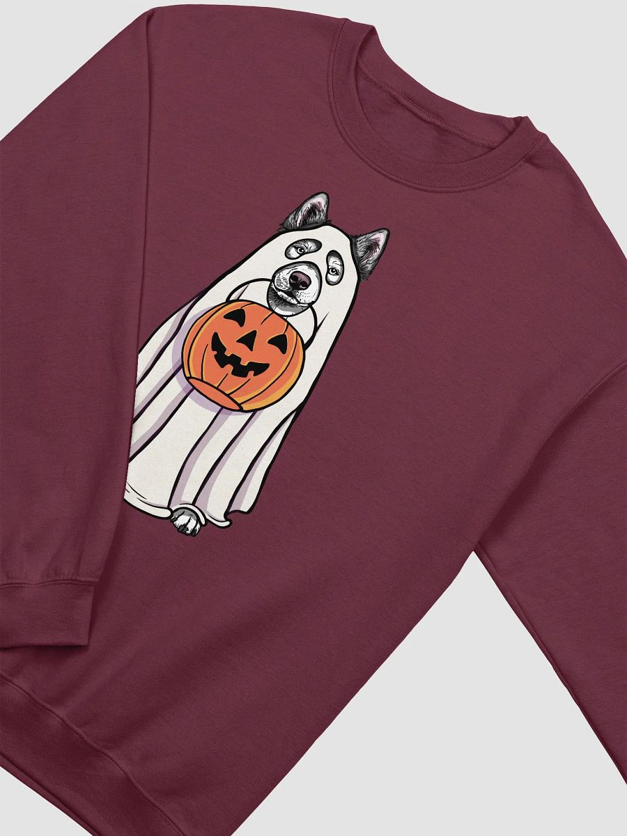 Funny Halloween Alaskan Malamute Sweatshirt | Funny Dog Wearing a Ghost Costume and Holding a Pumpkin Basket product image (4)
