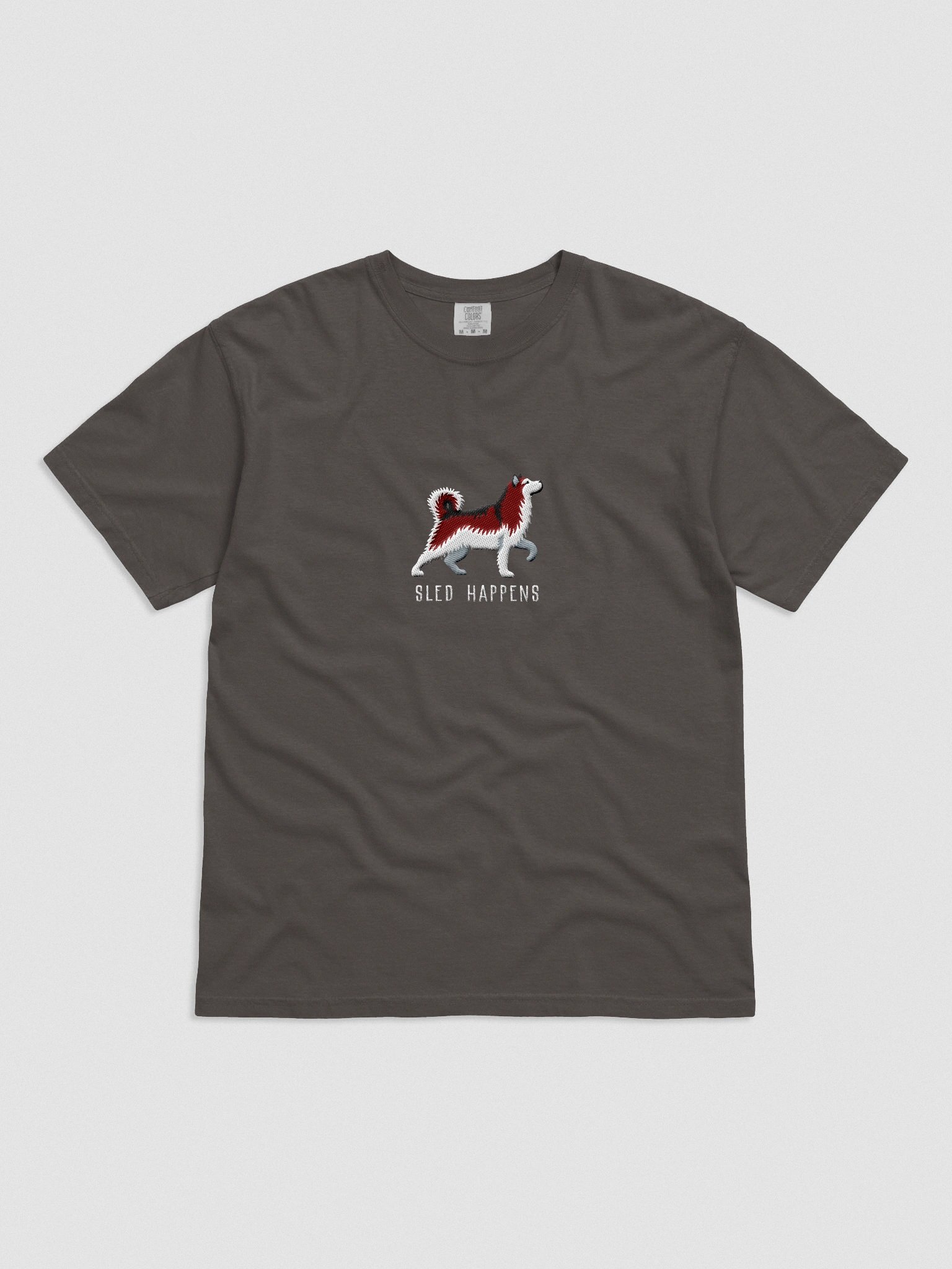 Sled Happens T-Shirt(Embroidered) of an Alaskan Malamute(Red & White) product image (4)