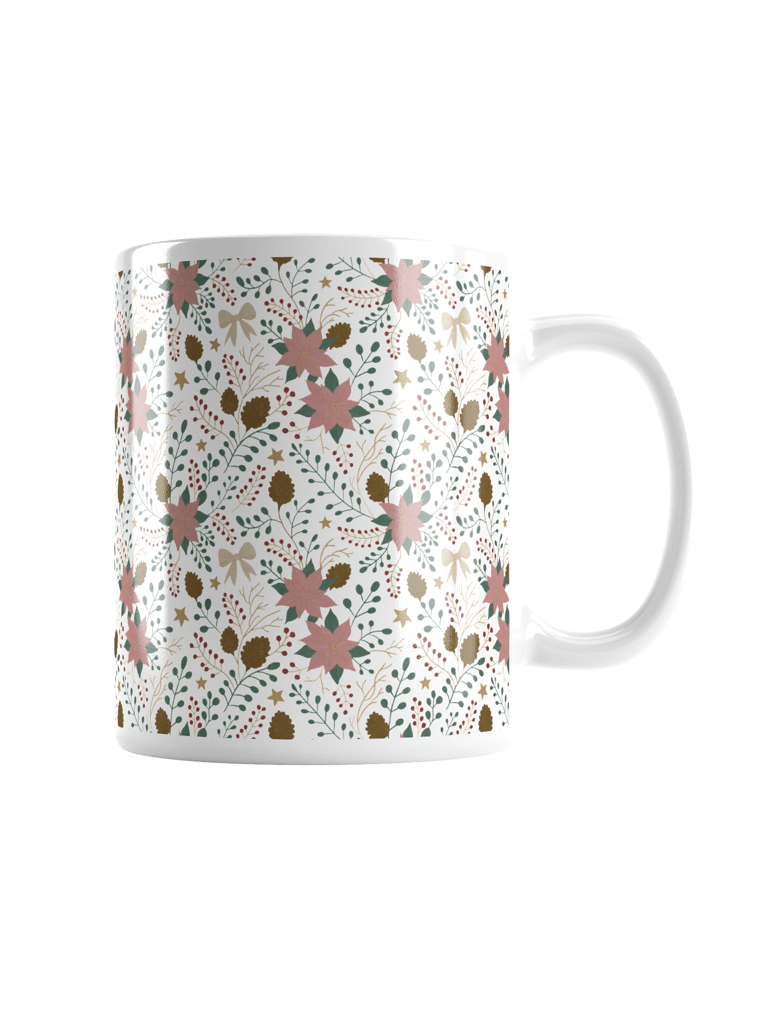 White glossy mug enchanted forest blooms. Botanical Christmas mug with poinsettias and winter details product image (5)