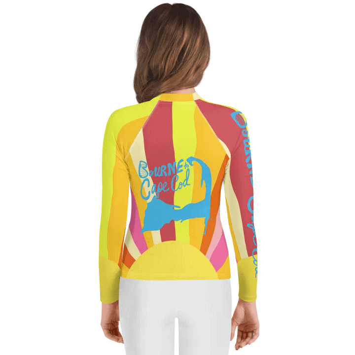 Girls' | YOUTH | Rash Guard | BRN.2C.C.™ Front Graphic | BOURNE to Cape Cod™ Sleeve & Back Logo | Coastal Swim Shirt for Kids | UV Protection Activewear | Blue Logo | Colorful Sun product image (2)