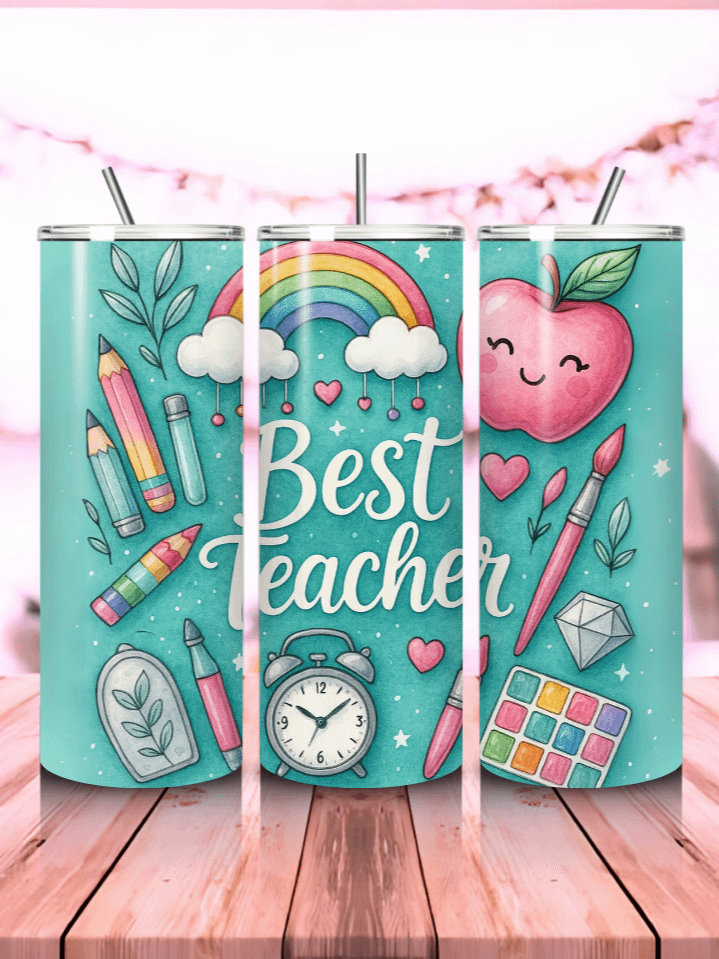 Teacher Life Tumbler Wrap PNG – 20oz Skinny Sublimation Design with “Best Teacher” Quote, Books & Apple Doodles – Perfect Gift for Educators – 300 DPI Instant Digital Download product image (1)