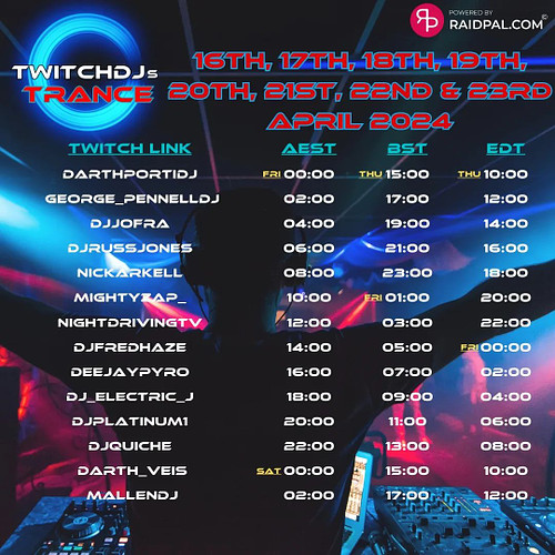 This Week I'm taking part in another Trance raid train on @twitch organised by @twitchdjs

My slot is Friday 19th April
9pm G...