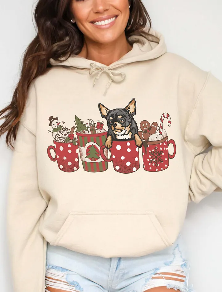 Cute Chihuahua(Tricolor) in a Christmas Cup Hooded Sweatshirt | Funny Christmas Pup in a Cup product image (16)