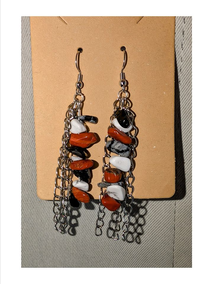 Handmade Crystal Earrings With Silver 3 Strand Chains! ( RED JASPER ) product image (1)