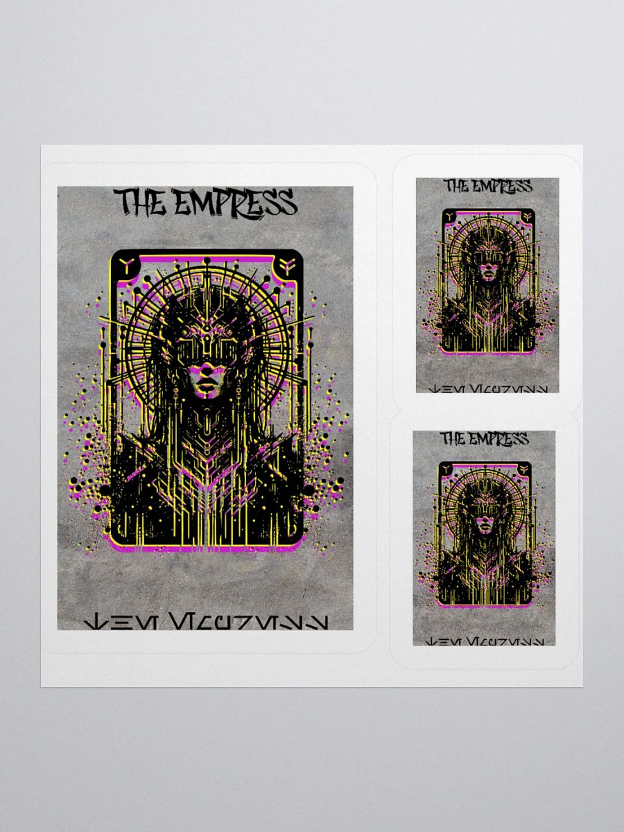 Cyberpunk Tarot Sticker – "The Empress" Card with Radial Headdress, Cyber Goggles & Ornate Cyber Armor – Futuristic Graffiti Stencil Vinyl Decal product image (2)