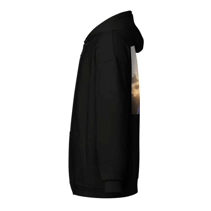 Wooden cross being held up against the backdrop of a sunrise Hoodie product image (3)
