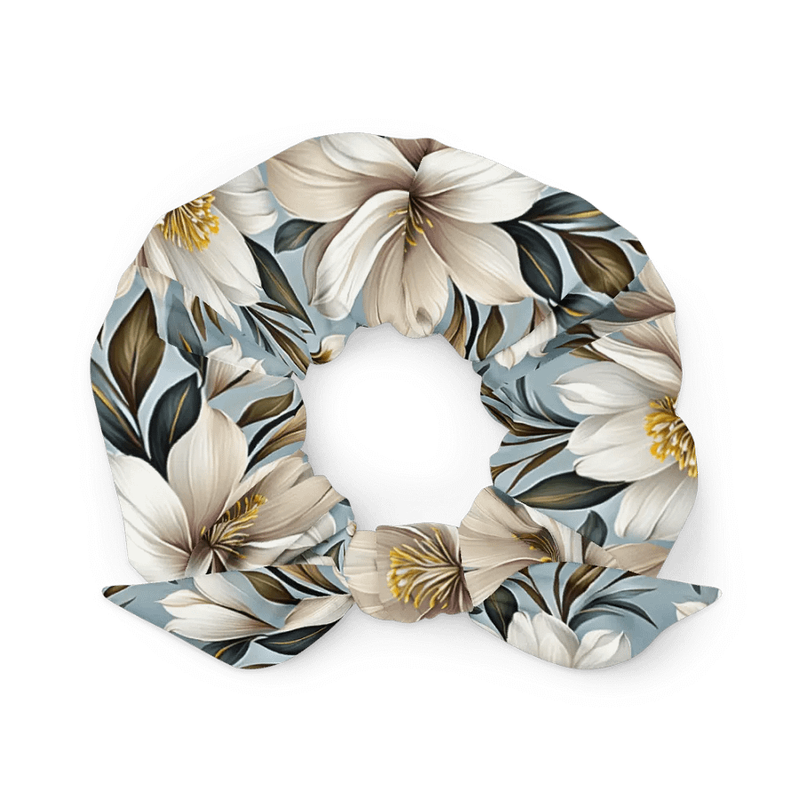 Hair Scrunchie - White and Beige Flowers on a Light Blue Background product image (1)