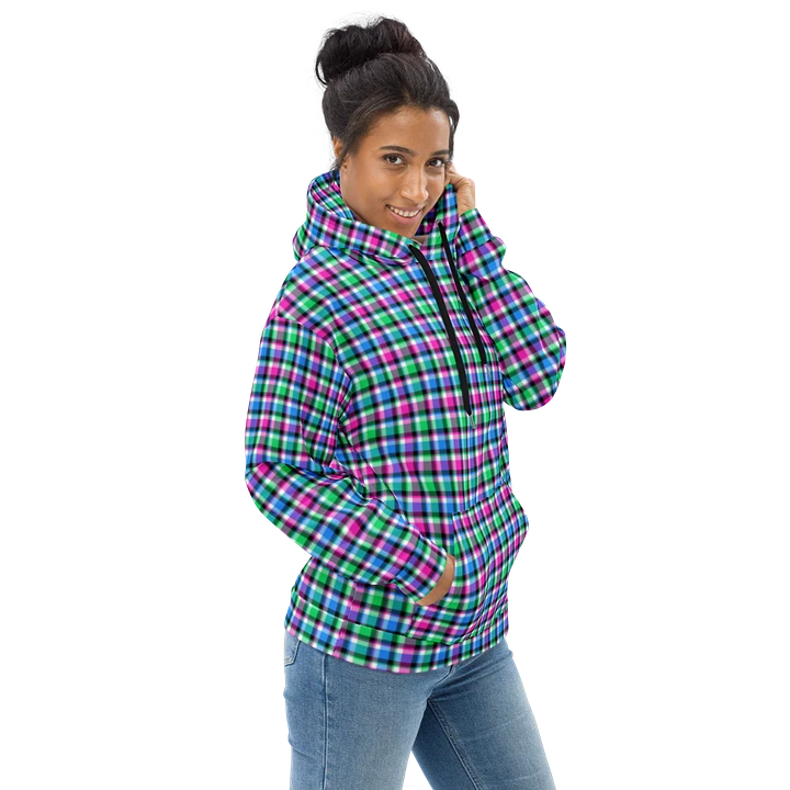 Magenta, Bright Green, and Blue Plaid Hoodie product image (1)