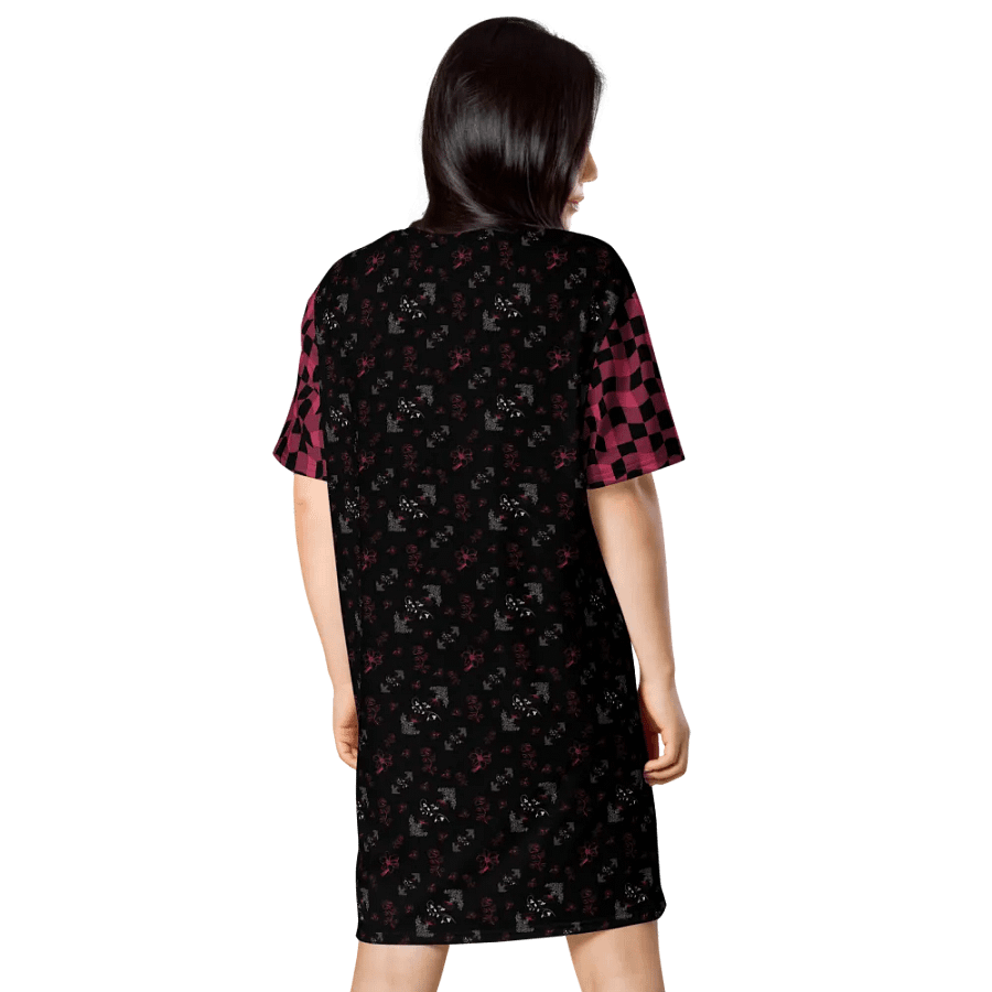 Magenta and White Flowers on Black with Warped Checkered Sleeves Women's T-Shirt Dress product image (2)