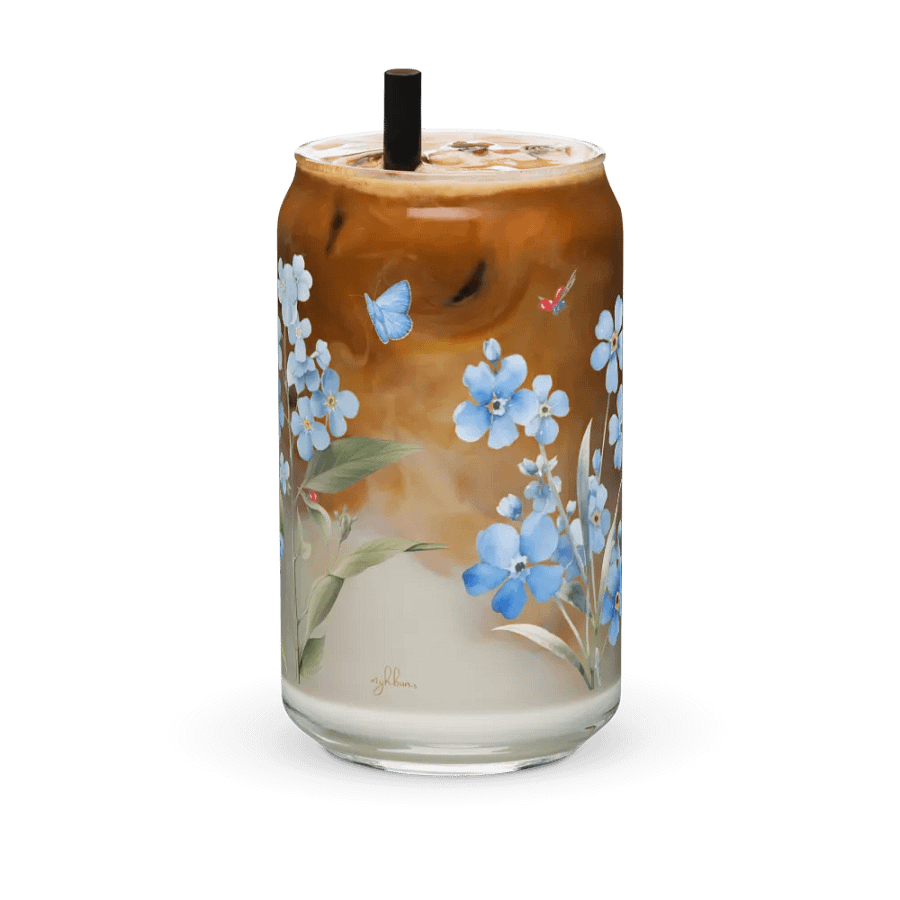 Forget-Me-Not Whispers Glass Can Tumbler | 16oz Eco-Friendly Botanical Drinkware | Blue Blossoms & Butterflies Design product image (11)