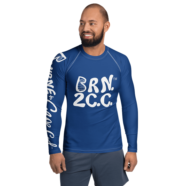 BRN.2C.C.™ /BOURNE to Cape Cod™ | Men’s Long Sleeve Rash Guard | UPF 50+ Active Coastal Shirt | White Logos on Dark Cerulean product image (1)