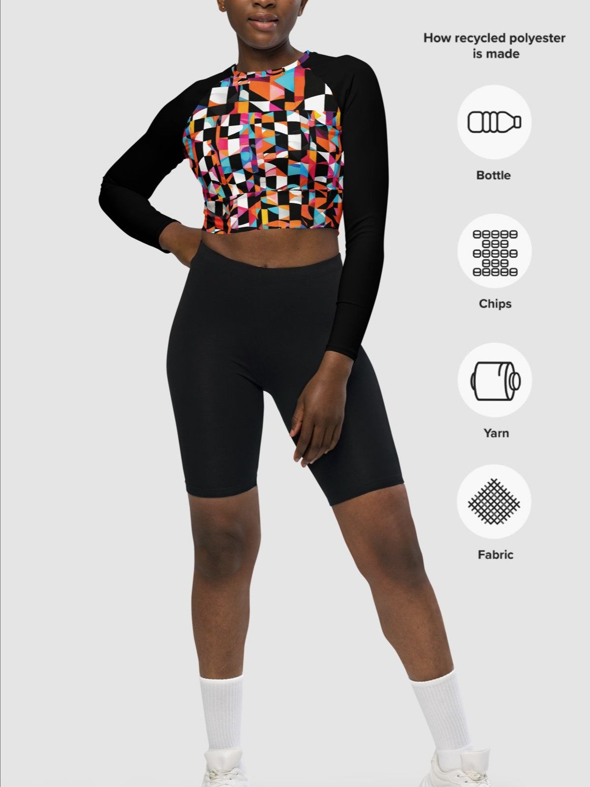 Recycled Long Sleeve Crop Top "Colorful Modern Abstract Checkered Art Printed" product image (5)
