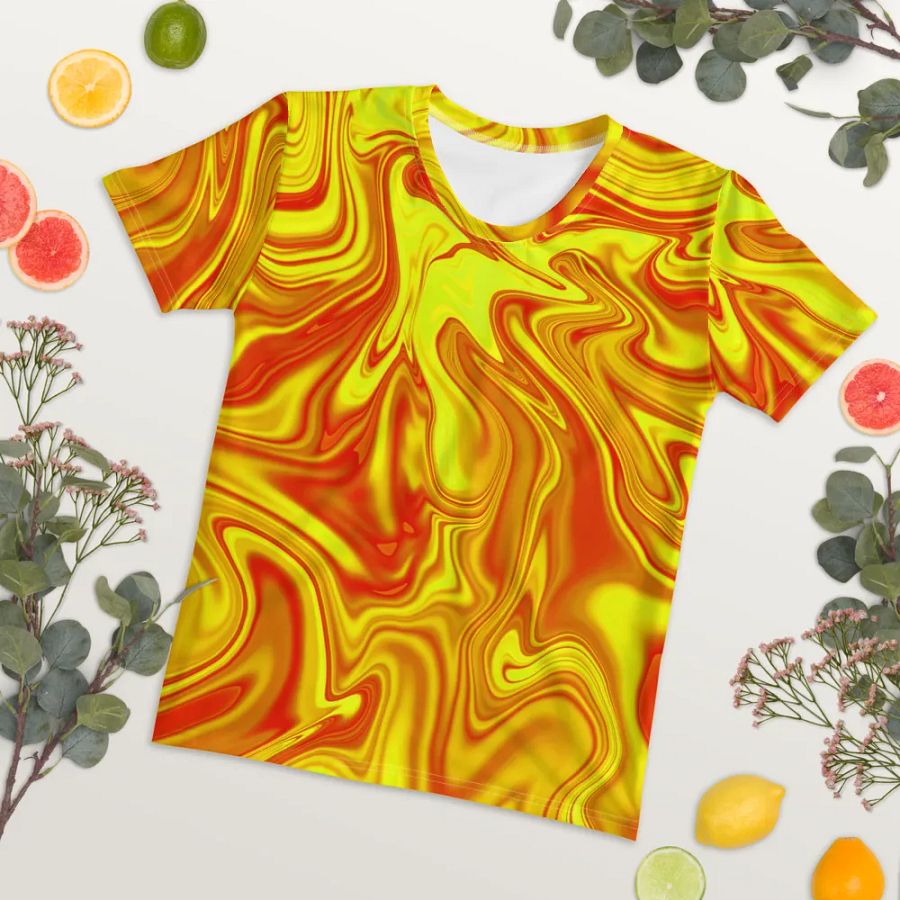 Women's Crew Neck Tshirt - Yellow and Red Digital Fluid Art product image (7)