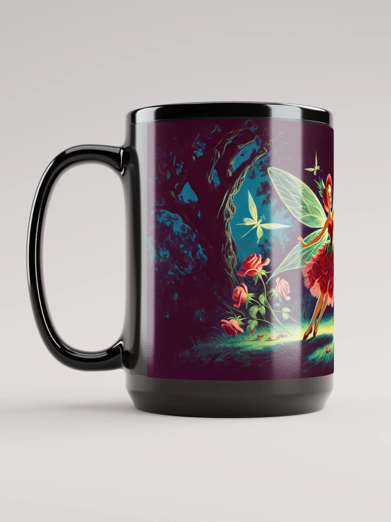 Enchanted Red Rose Petal Fairy 15 oz Black Glossy Mug product image (6)
