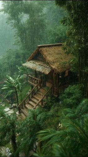 High above the forest floor, escape into this tranquil treehouse. 🌿 The rain falls softly on the thatched roof, creating a so...
