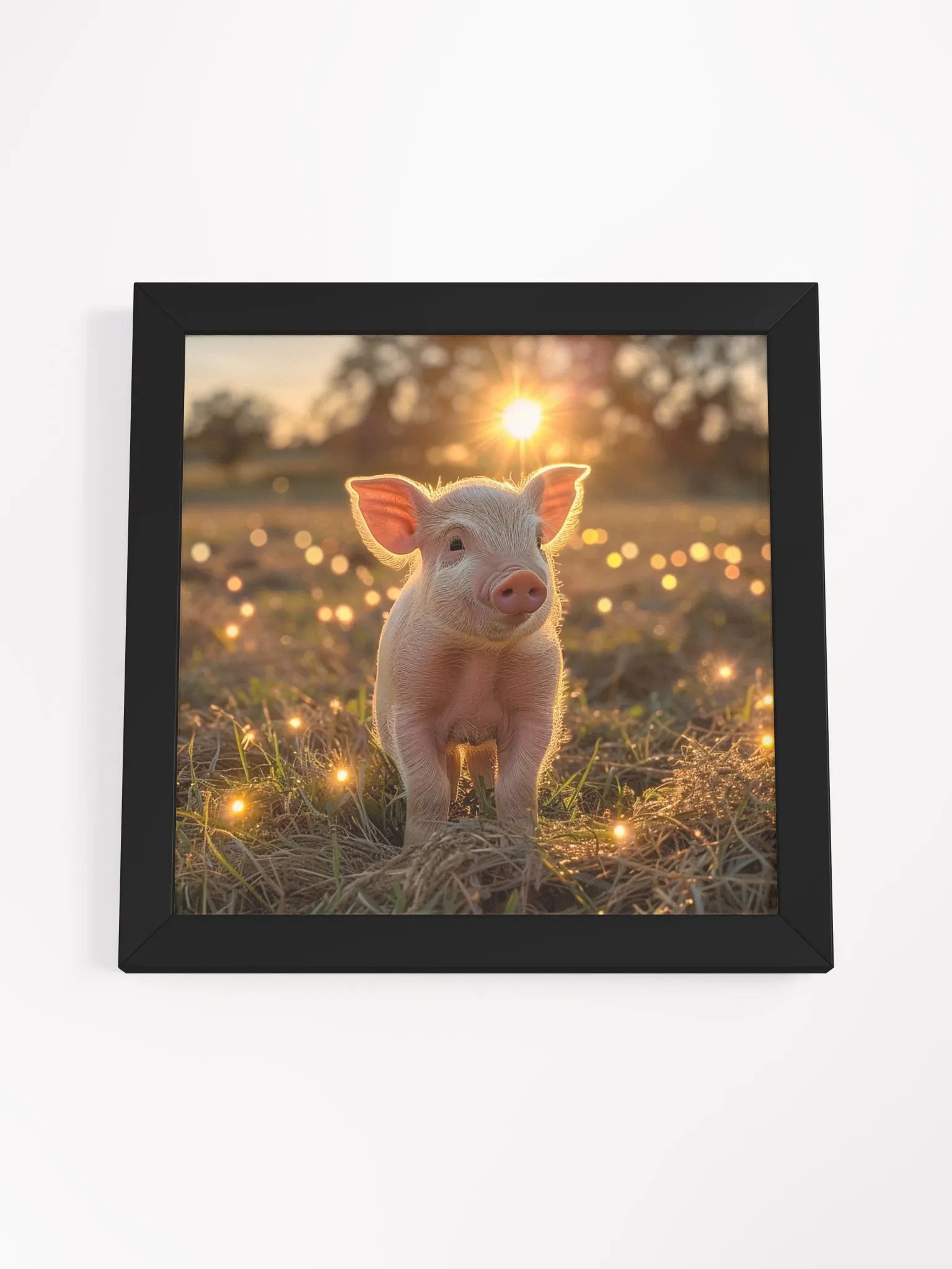 Cute Baby Pig In a Field of Fairy Lights Framed Wall Art product image (1)