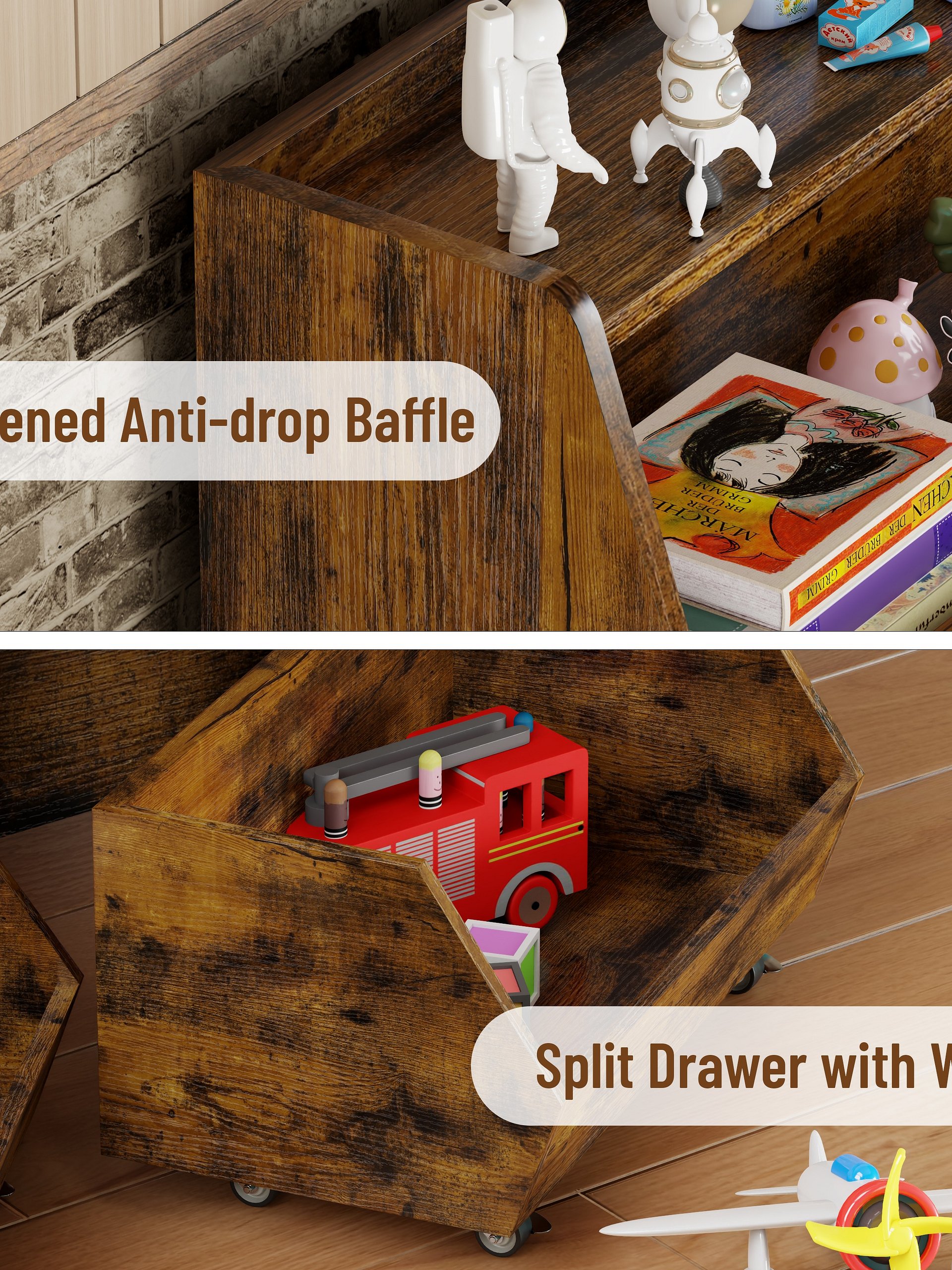 2-Tier Portable Toy Storage, Kids Toy Organizer W/2 Removable Bins with 4 Wheels（Brown) product image (4)