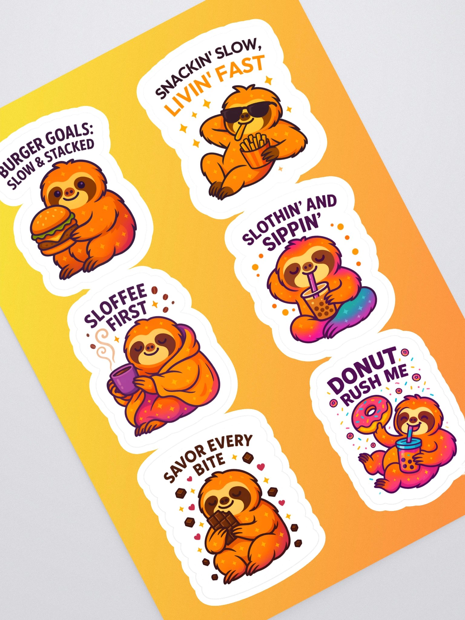 Sloths Having Snacks Sticker Sheet – Funny Sloth Food Stickers for Journals, Planners, Water Bottles & Gifts (6-Stickers) product image (1)