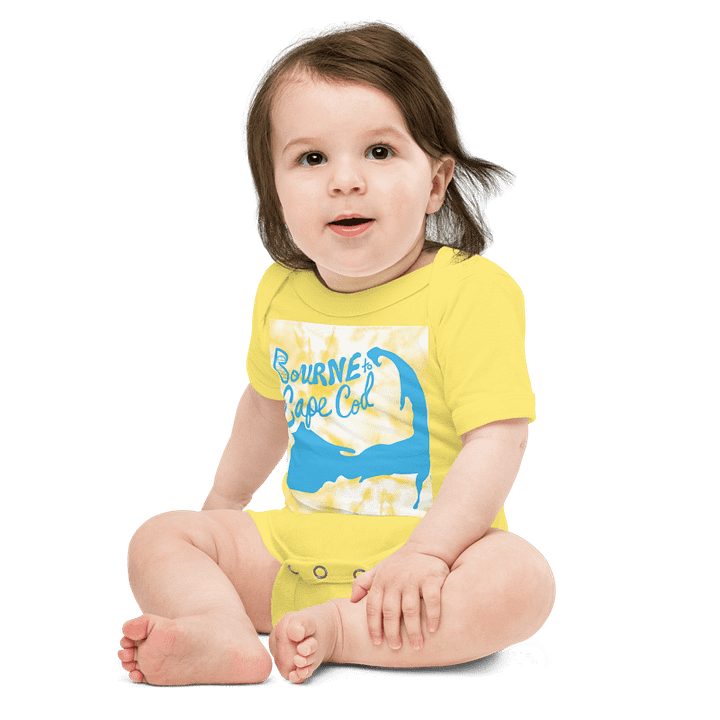BOURNE to Cape Cod™ | Baby One-Piece with Snaps | BRN.2C.C.™ Logo Back | Ultra-Soft Cotton Bodysuit for Coastal Cuties | Deep Sky Blue Logos on Orange Tie-Dye Graphic product image (5)