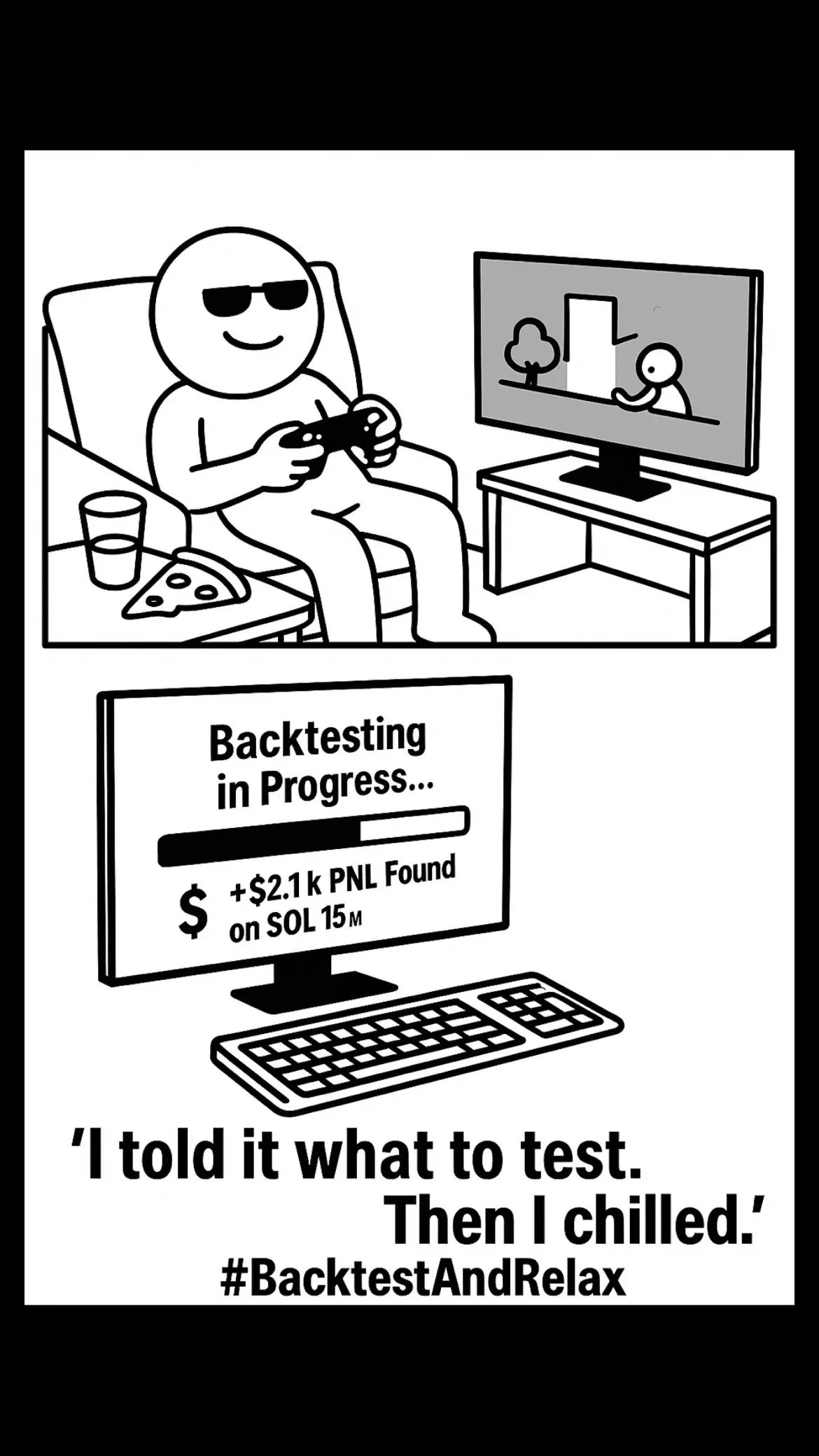 From Chaos to Clarity: Why Manual Trading Is Outdated AF You can keep stressing over paper logs and indicators that “almost worked”… Or you can let an AI do the heavy lifting. We built Quant Trading Pro because we were tired of guessing. Tired of testing one setting at a time. Tired of missing the perfect setup because we were too busy trying to be a robot. Now? ✅ 1,256 strategies tested while we nap ✅ $2.1K PnL setups found before we even finish our pizza ✅ New edges discovered on autopilot — across all pairs, all timeframes No coding. No pine script. No burnout. Just results. 🧪 Comment “QTP” and we’ll send you a free 1-month trial code for our Elite Backtester. — #BacktestAndRelax #CryptoTrading #TradingBot #AlgoTrading #ManualIsMid #QuantTradingPro #StrategyTesting     