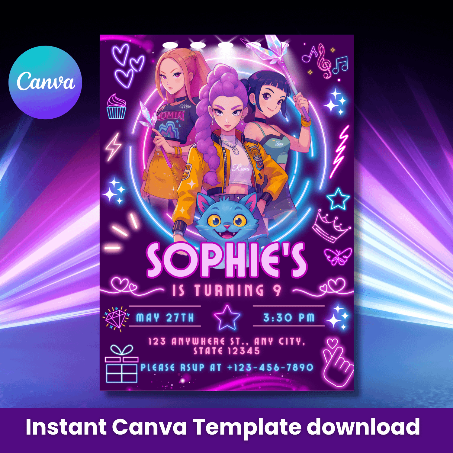 K-Pop Demon Hunters Birthday Invitation – Editable Canva Template product image (1)