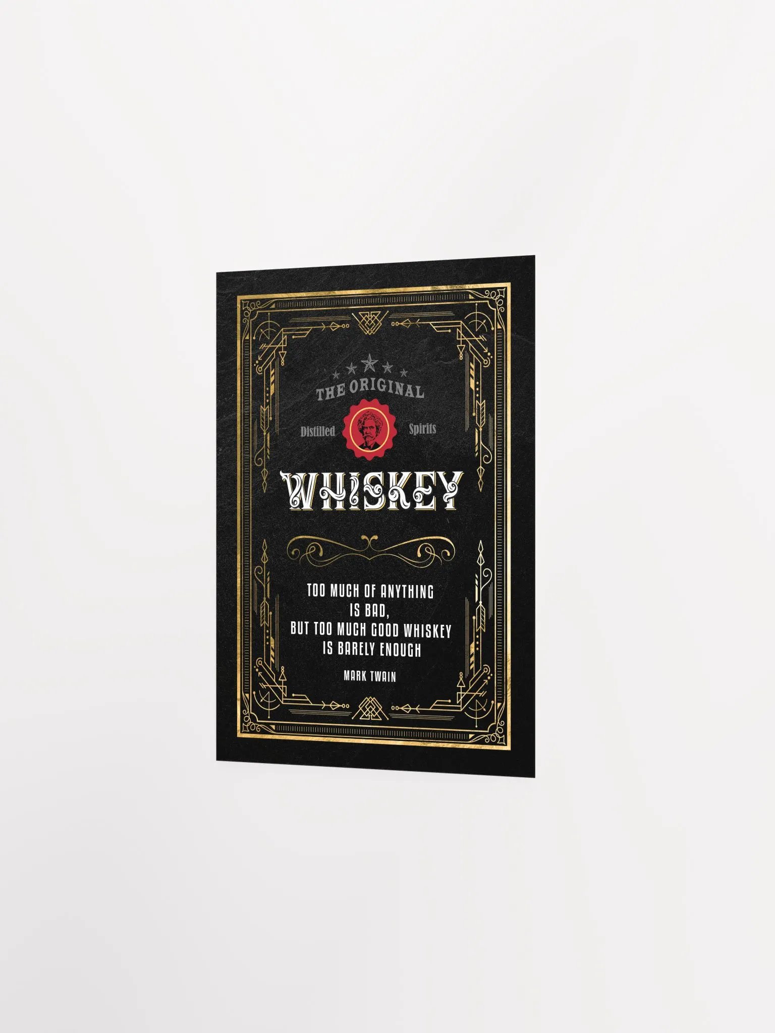 Too much of anything is bad, but too much good whiskey is barely enough / Mark Twain — Whiskey gold blackboard art deco poster with quote product image (7)