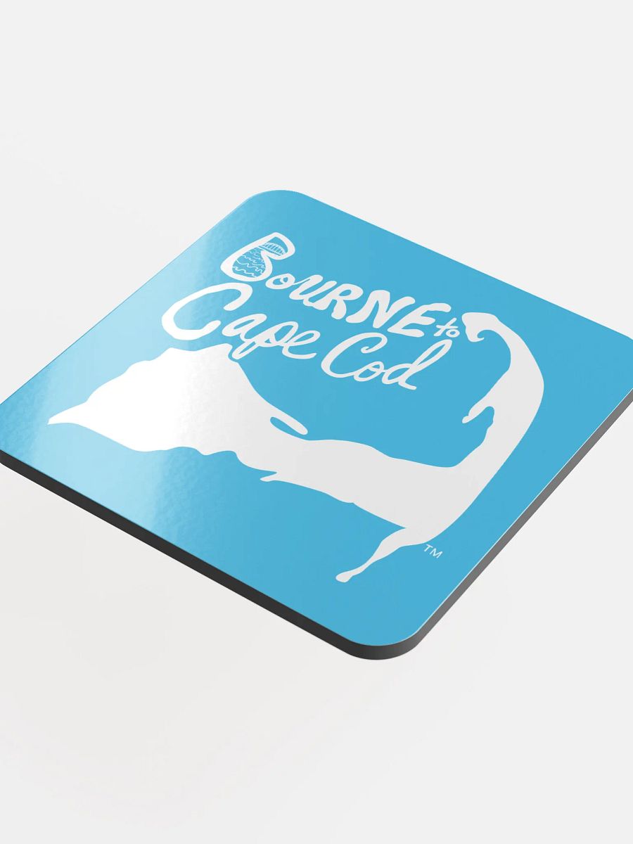 BOURNE to Cape Cod™ | Coastal Coaster | Glossed Cork | Eco-Friendly | Minimalist Coastal Decor | 3.74" Square | White Logo on Deep Sky Blue product image (4)