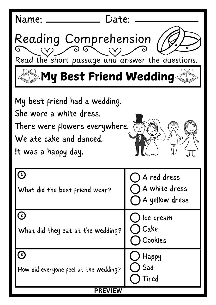 My Best Friend’s Wedding - Kindergarten Reading Comprehension Worksheet product image (1)