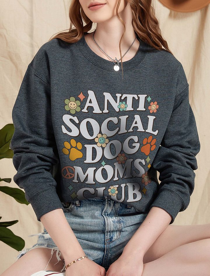 Anti Social Dog Moms Club Retro(White - Front Print) Sweatshirt | Funny Introvert Shirt for Dog Moms product image (5)