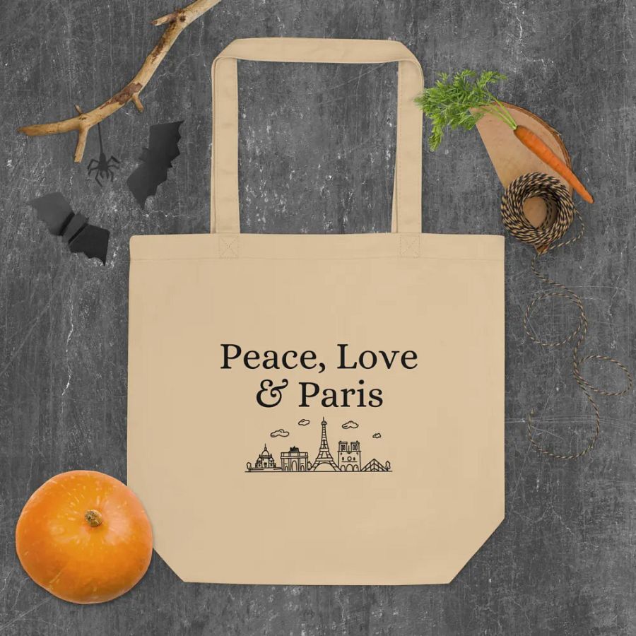 Peace, Love and Paris Organic Statement Tote Bag with Monuments | Black Ink Design product image (5)