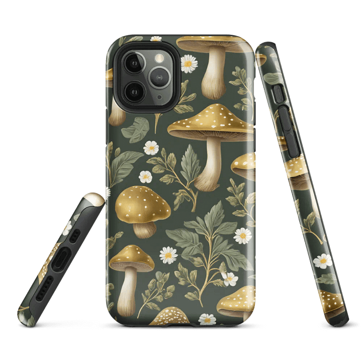 Tough Phone Case for iPhone® - Golden Mushrooms on a Dark Green Background product image (1)
