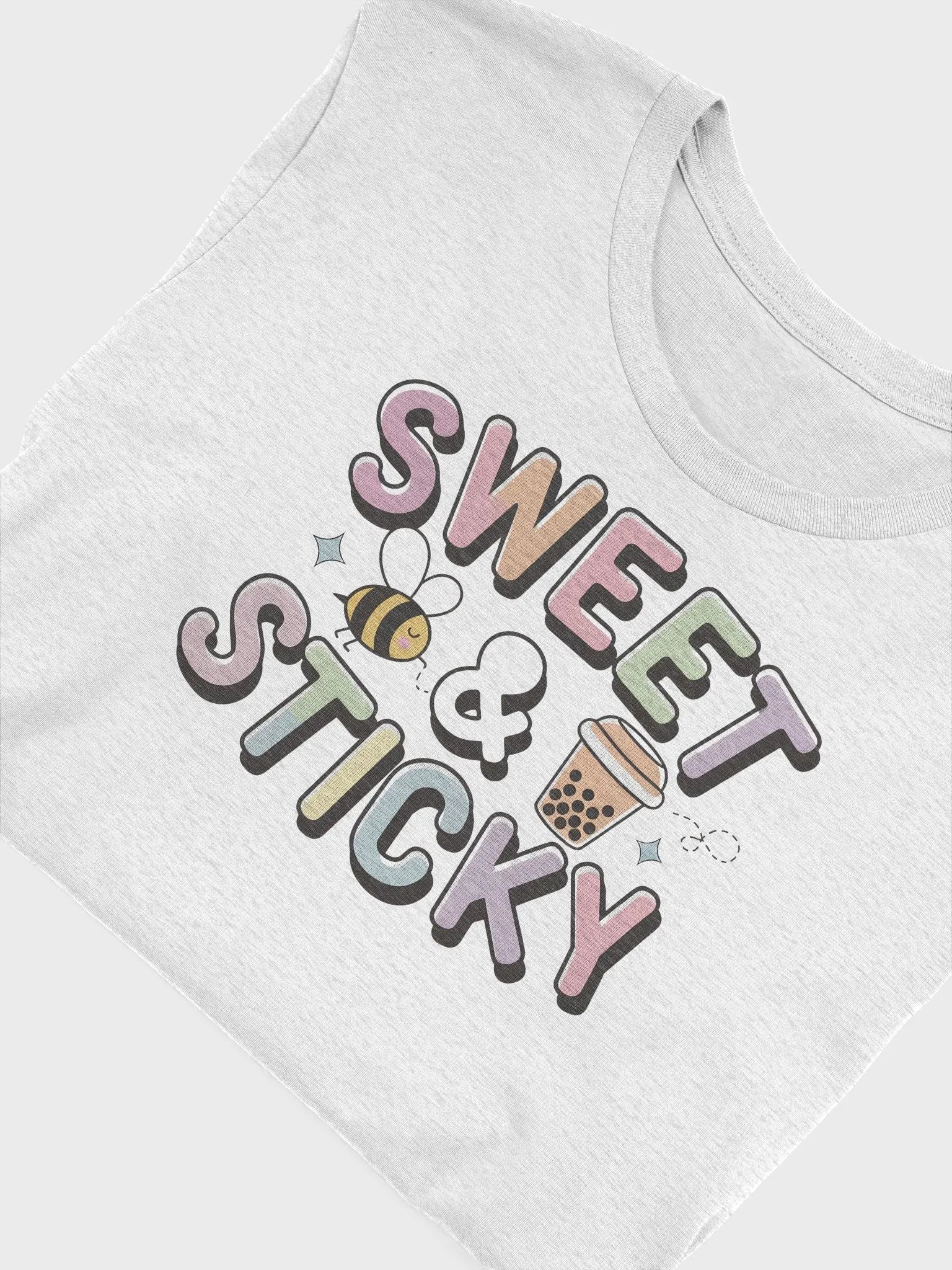 “Sweet & Sticky” t-shirt, bee and bubble tea graphic, motivational vibe clothing, adorable bee design, joyful outfit choice, unique graphic tee , bubble tea fan shirt, gift idea product image (5)