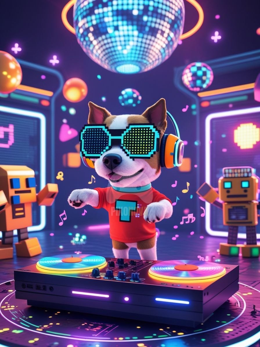 Pixel Party Parade – Track 7: Pixel Groove Machine (Dog Mascot Edition) | 896x1344 px | 4 Variations | PNG + PDF product image (1)