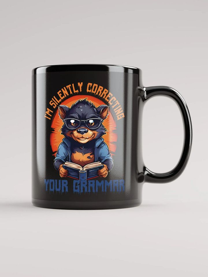 I'm Silently Correcting Your Grammar – Funny Teacher Gift Black Glossy Mug Printed on Both Sides | Quirky Tasmanian Devil Design | Perfect for Grammar Enthusiasts product image (1)