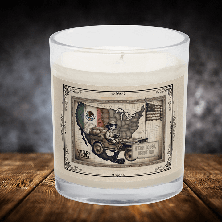 Mels Angels "Stay Tough, Drive Far" Soy Wax Candle – Vintage Map & Dog Design product image (1)