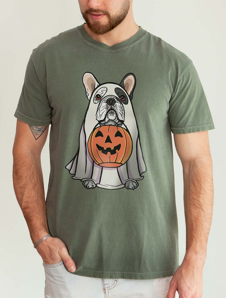 Funny Halloween French Bulldog(Pied) T-Shirt | Funny Frenchie Wearing a Ghost Costume and Holding a Pumpkin Basket product image (5)