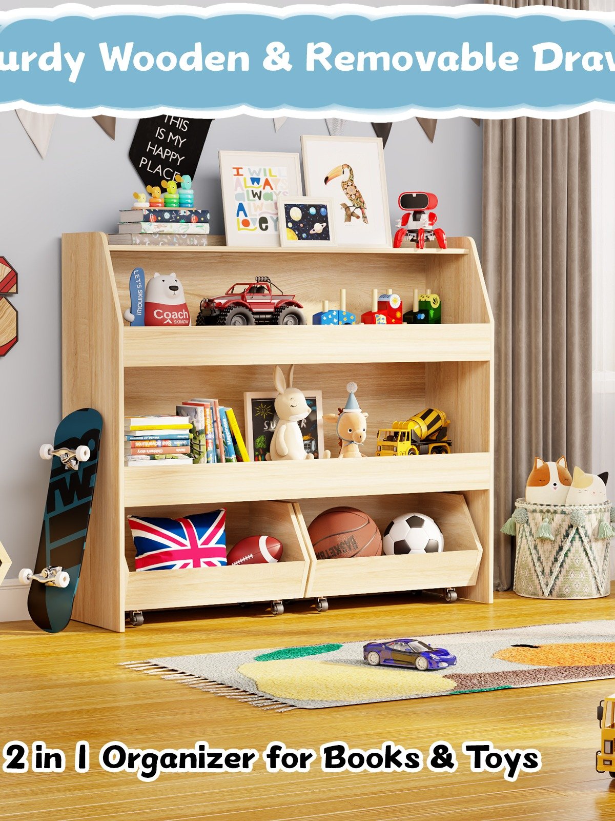 3-Tier Portable Toy Storage, Kids Toy Organizer W/2 Removable Bins with 4 Wheels（Wood) product image (8)