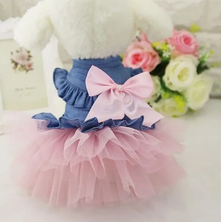 Stylish and Snug Knitted Button-Up Denim & Pink Tutu Dress for Small Pets product image (1)