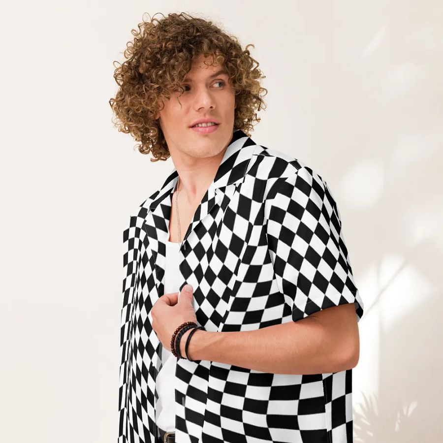 Vintage Retro Distorted Checkerboard Unisex Hawaiian Shirt product image (7)