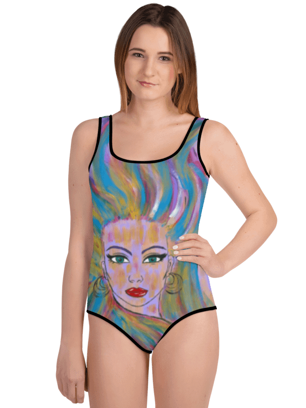 Girl with the colorful hair (art by Dina R.) acrylic painting picture - Youth Swimsuit product image (6)