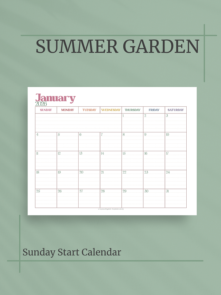 Summer Garden 2026 Calendar - Single Page per Month, Sunday Start, Letter Size product image (1)