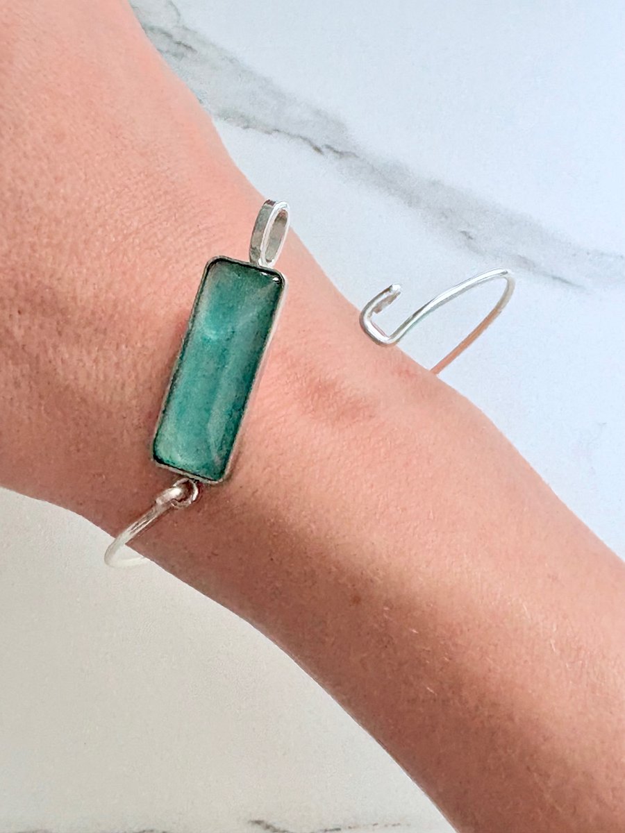 ⚡ Electric Tide Bangle | 7" Silver-Plated Wire Bracelet with Blue Green Rectangle Charm | Handmade Coastal Charm Jewelry by Monique Faella Designs™ | MFD-00172 product image (5)