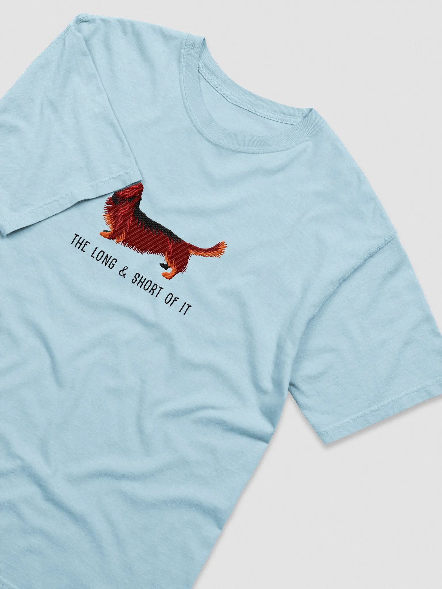 The Long & Short of It T-Shirt(Embroidered) of a Longhaired Dachshund(Red & Tan) product image (6)