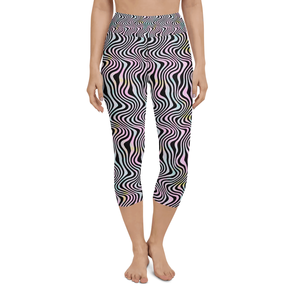 Yoga capri  leggings blue watercolour leafy design on black background product image (6)